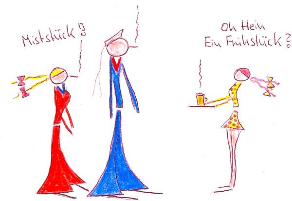 Der Kneipenmatrose des Blauen Engel Kiel "Hein Mück" bekommt von einer hübschen Bedienung ein Frühstück gereicht - und seine Freundin nennt ihn ein "Miststück"