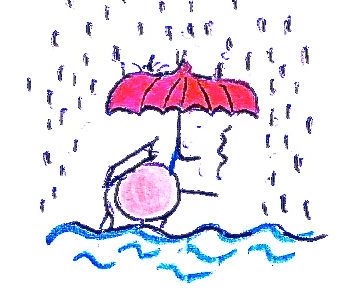 Der Kneipen-Matrose Hein Mück steht bei starkem Regen mit seinem Regenschirm bis zum Hals im Wasser